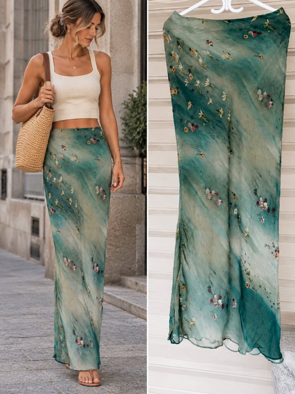 Zara Green Blue Floral Print Maxi Skirt Sheer Lightweight Boho Y2K M